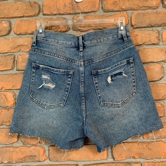 PacSun Women's Distressed‎ High Rise Button Fly Denim Boy Shorts Blue - Size 25 - Picture 3 of 6